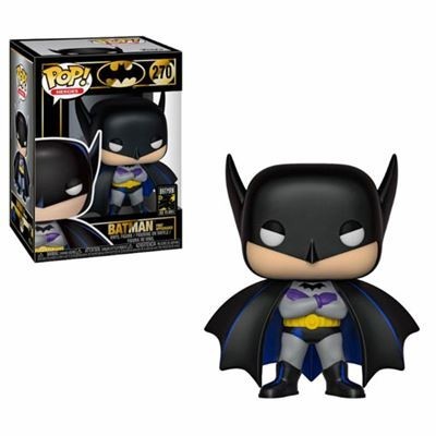 Figura Funko Pop do Batman com máscara preta, capa e fato cinza com símbolo roxo.