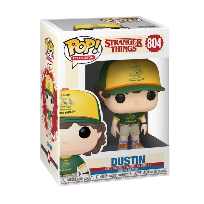 Figura Funko Pop! Dustin da série Stranger Things com boné amarelo e verde na caixa