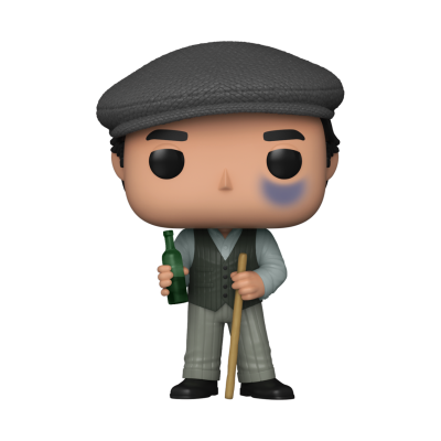 Boneco colecionável estilo Funko Pop com boné cinzento, colete verde, segurando garrafa e bastão