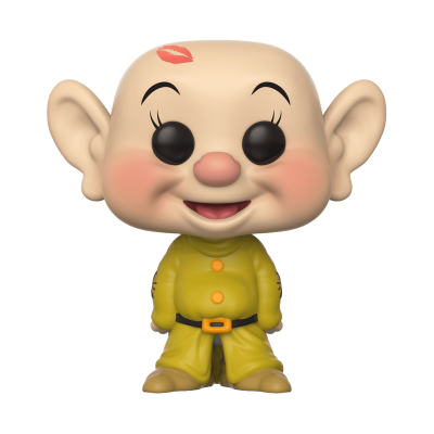 Figura colecionável Pop com fato amarelo e marca de beijo na testa