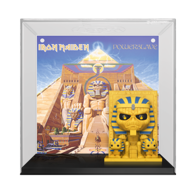Conjunto decorativo Iron Maiden PowerSlave com figura egípcia amarela e azul e capa de vinil em fundo egípcio