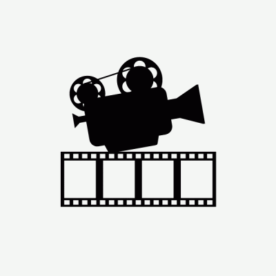 Ícone preto de câmara de filmar retro sobre tira de película fotográfica