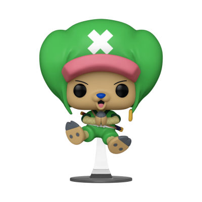 Boneco colecionável Funko Pop de personagem sentado com cabelo verde e chapéu rosa
