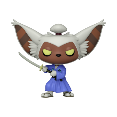 Figura colecionável Funko Pop de personagem com orelhas grandes e túnica azul segurando katana