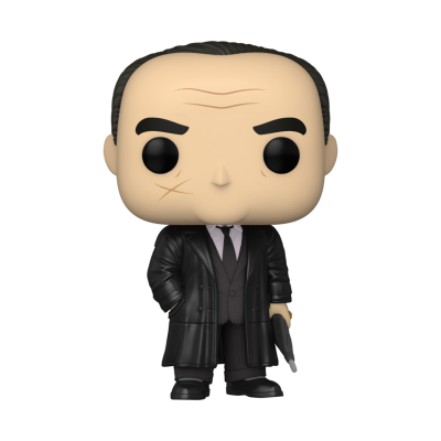 Figura Funko Pop de homem com fato castanho-escuro, casaco preto longo e arma na mão direita