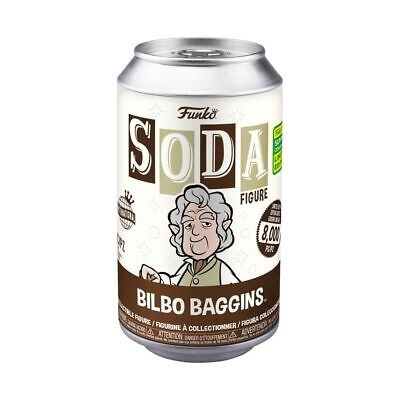 Lata branca com personagem animado de Bilbo Baggins, texto Funko SODA FIGURE e indicação de edição limitada.