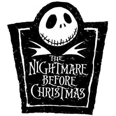 Logótipo preto e branco de 'The Nightmare Before Christmas' com caveira sorridente