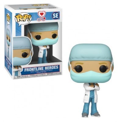 Figura Funko Pop! Frontline Heroes profissional de saúde com máscara e touca azul em embalagem
