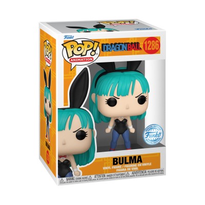 Figura Pop! Bulma Dragon Ball Funko com cabelo azul e roupa de coelho em caixa