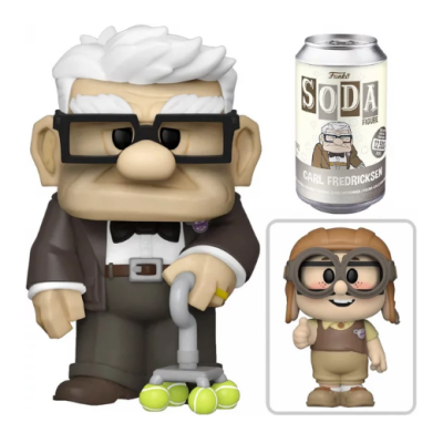 Figuras Pop de Carl Fredricksen com lata de refrigerante temática