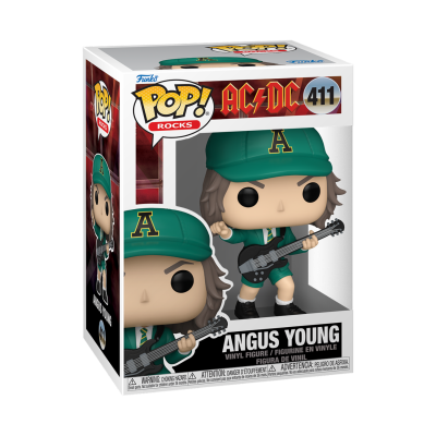 Figura Funko POP! Angus Young da banda AC/DC com guitarra e boné verde