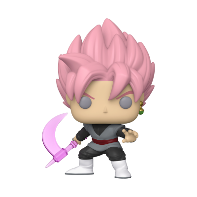 Figura Funko Pop com cabelo rosa e roupa preta e cinza