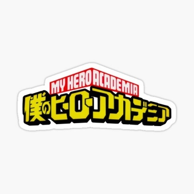 Autocolante com texto MY HERO ACADEMIA em vermelho e texto japonês amarelo