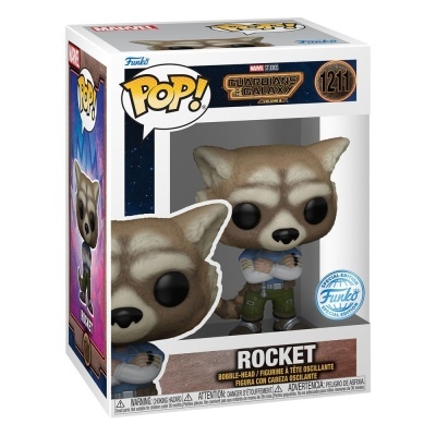 Figura Funko Pop! Rocket dos Guardiões da Galáxia com cabeça grande, olhos pretos, camiseta azul e calças verdes na caixa