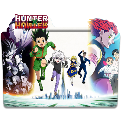 Personagens de Hunter x Hunter com texto e cidade ao fundo