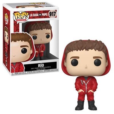Funko Pop Rio La Casa De Papel em roupa vermelha com capuz, ao lado da caixa.