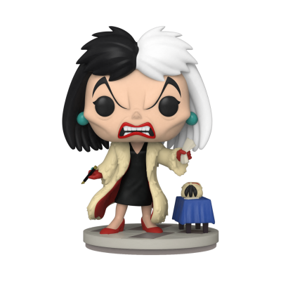 Figura Funko Pop da Cruella com cabelo preto e branco, casaco bege e vestido preto