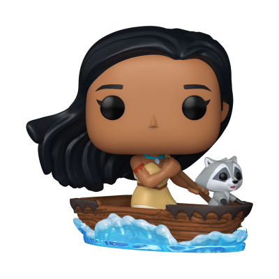 Figura Funko Pop da personagem Pocahontas no barco com guaxinim.