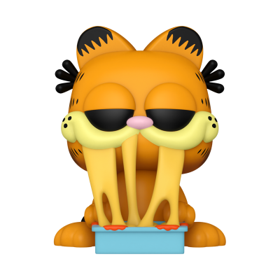 Figura colecionável do gato Garfield a lamber molho numa caixa azul.
