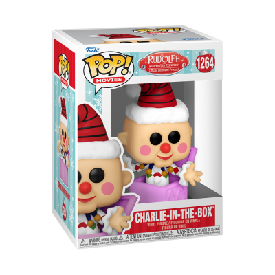 Figura Funko Pop! Charlie-in-the-Box da série Rudolph, com chapéu natalício e embalagem azul