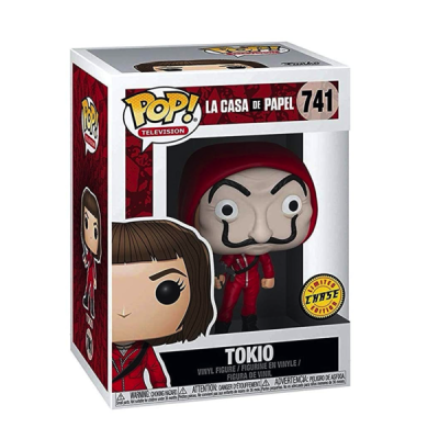 Figura Funko Pop da personagem TOKIO de La Casa de Papel com fato vermelho e máscara, em caixa branca e vermelha