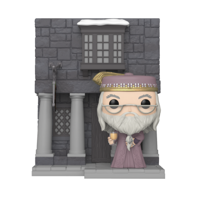 Funko Pop de Dumbledore com cenário cinzento de pedra e colunas