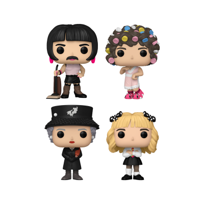 Quatro bonecos Funko Pop com roupas e acessórios distintos