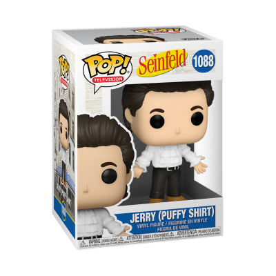 Figura Funko Pop Jerry com camisa branca e calças pretas na embalagem Seinfeld número 1088