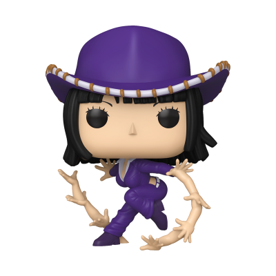 Figura Funko Pop personagem feminina com macacão e chapéu cowboy roxo e braços flexíveis cor de pele