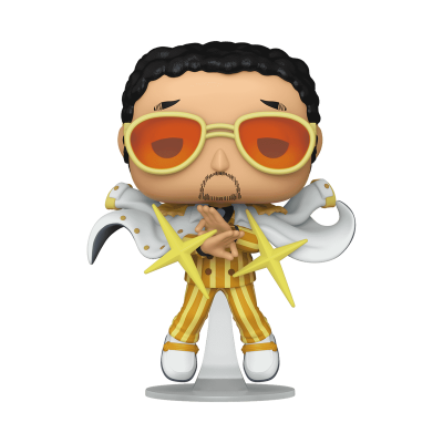Figura Funko Pop com fato riscado amarelo e branco, capa branca e óculos amarelos