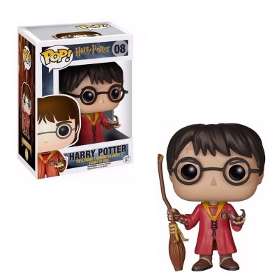 Figura Funko Pop! de Harry Potter com capa vermelha e vassoura.