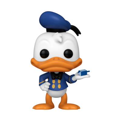 Figura colecionável estilizada de pato com fato azul e chapéu, segurando um presente