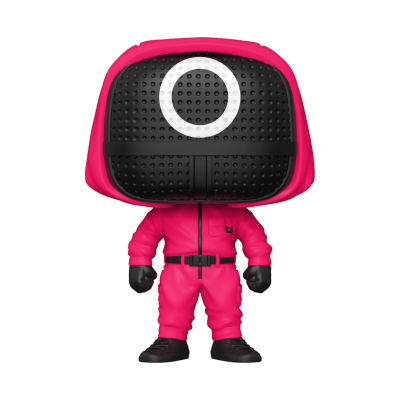 Figura de vinil com fato rosa e máscara preta com círculo branco