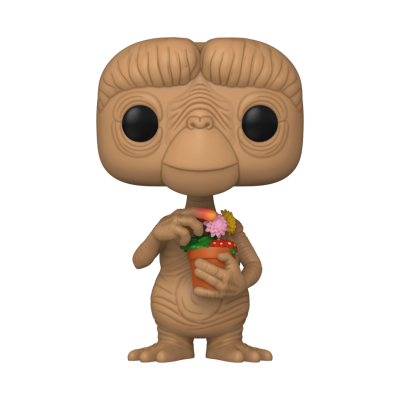 Figura Funko Pop do personagem E.T. segurando vaso com flores.