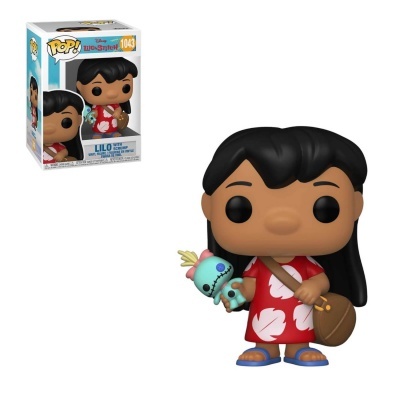 Figura Funko Pop de Lilo com vestido vermelho e estampa branca segurando boneco azul e imagem da embalagem
