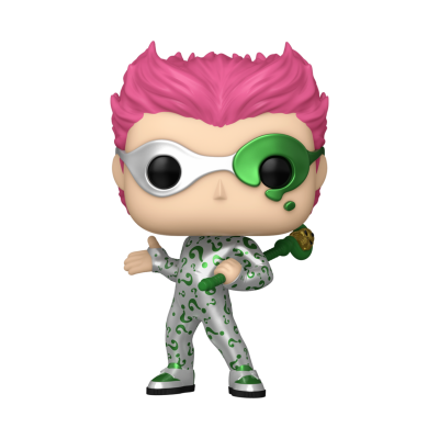 Figura Funko Pop personagem com cabelo rosa e fato branco com pontos de interrogação verdes