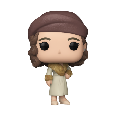 Figura Funko Pop feminina com gorro castanho e casaco bege com detalhes em pelo castanho