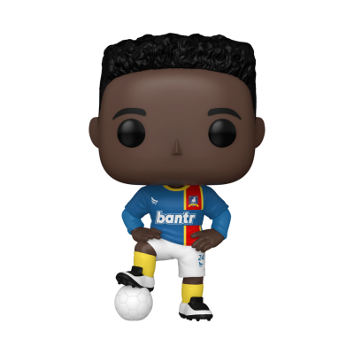 Funko POP jogador de futebol com camisola azul, calções brancos, meias amarelas e pretas, bola branca