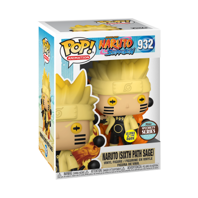 Funko Pop Naruto Shippuden número 932 em caixa, personagem com cabelo amarelo e roupa preta, 'Glow in the Dark', série especial