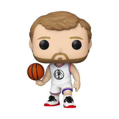 Boneco Funko Pop de jogador de basquetebol em fato branco com bola de basquete