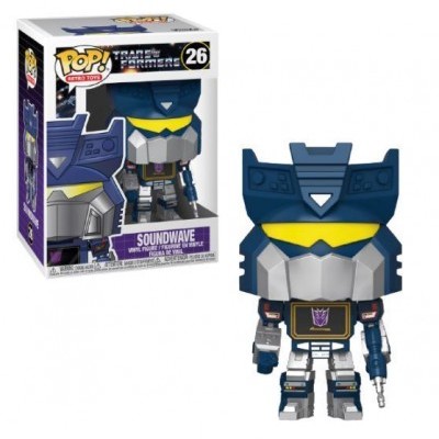 Boneco Funko Pop! Soundwave da série Transformers em azul, amarelo e cinza com embalagem