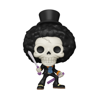 Figura colecionável esqueleto com cabelo afro, chapéu preto, fato preto, lenço azul, camisa laranja, espada e bastão roxo
