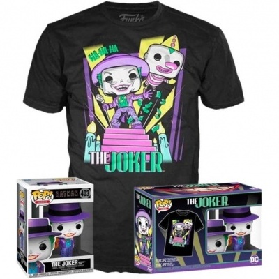 Camisola preta Coringa cartoon e duas caixas Funko Pop do Coringa