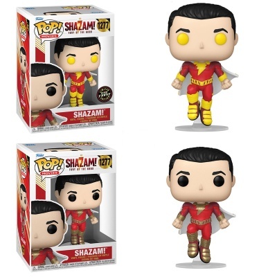 Duas figuras Funko Pop do Shazam em vermelho e amarelo, com suas caixas