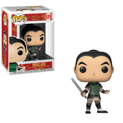 Figura Funko Pop de Mulan com armadura verde e preta e espada, com embalagem ao fundo.