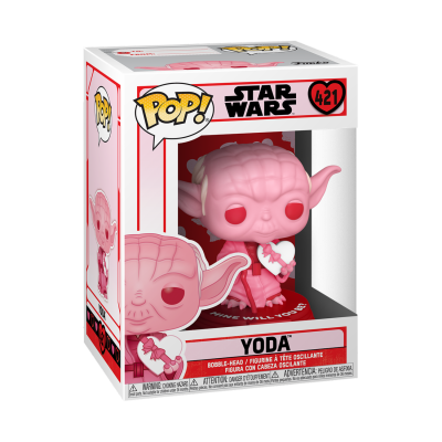 Figura POP! de vinil cor-de-rosa da personagem Yoda da série Star Wars com cabeça oscilante na caixa.