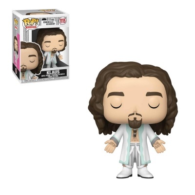 Figura Funko Pop de Klaus com roupão azul e cabelo castanho ao lado da caixa