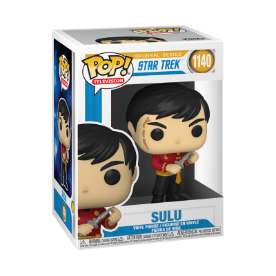 Boneco Funko Pop! Star Trek Sulu com camisa vermelha em caixa branca