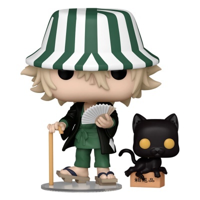Figura Funko Pop com chapéu verde e branco e gato preto sentado numa caixa