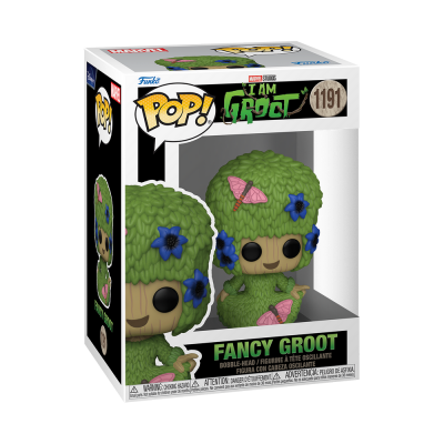 Boneco Funko Pop! Fancy Groot com folhas verdes, flores azuis e borboletas cor-de-rosa na embalagem